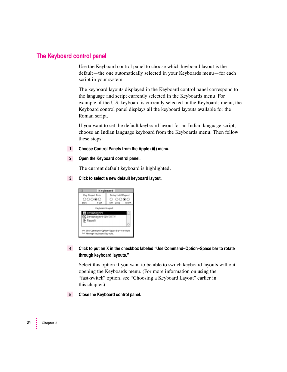 The keyboard control panel | Apple Indian Language Kit User Manual | Page 34 / 47