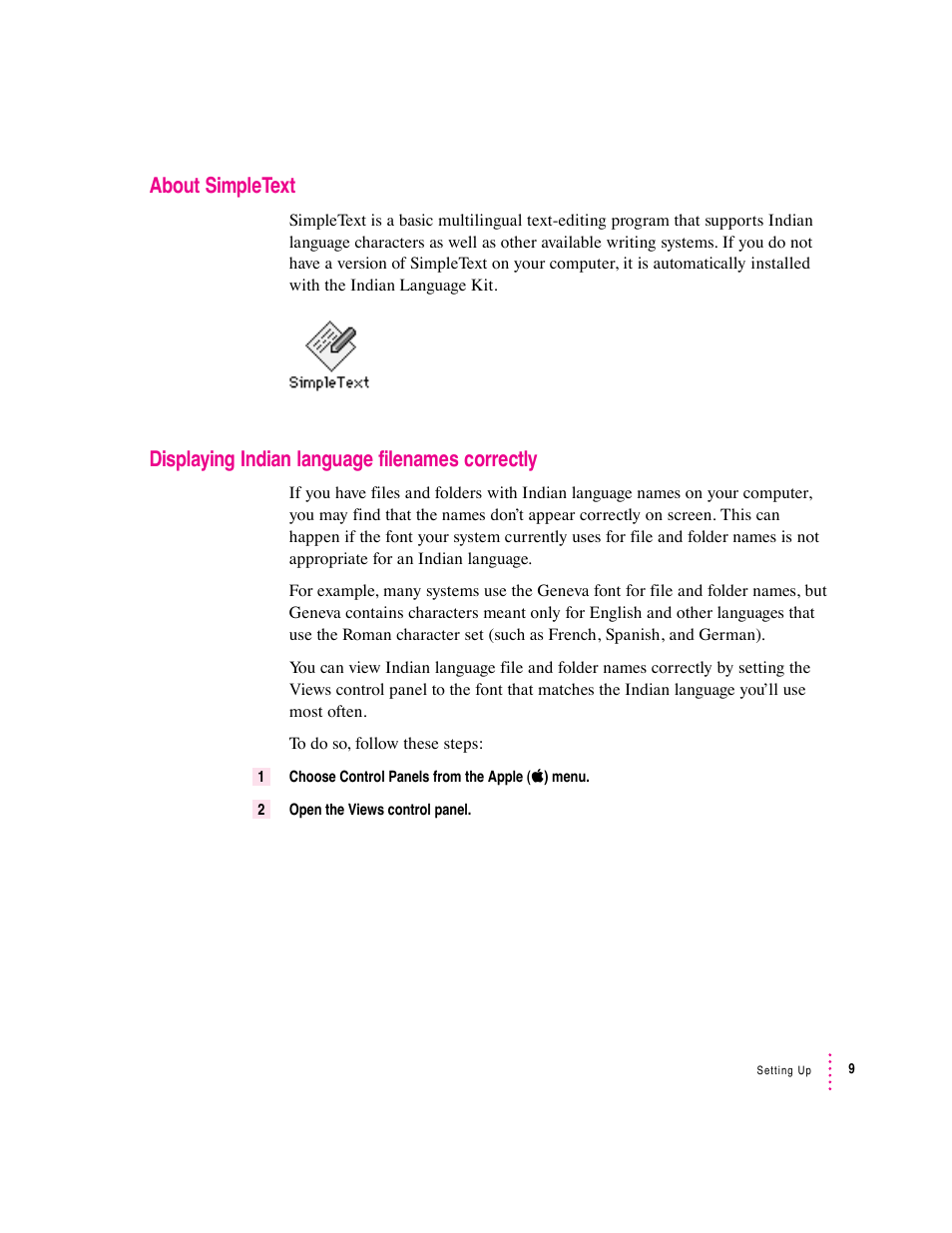 About simpletext, Displaying indian language filenames correctly | Apple Indian Language Kit User Manual | Page 9 / 47