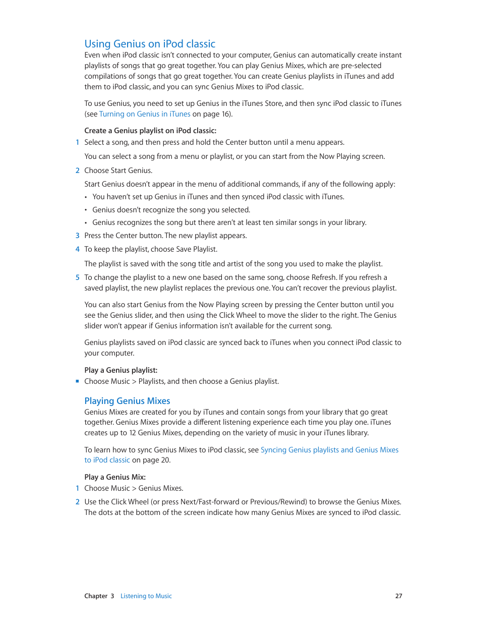 Using genius on ipod classic, 27 using genius on ipod classic, Playing genius mixes | Apple iPod classic 160 GB User Manual | Page 27 / 58