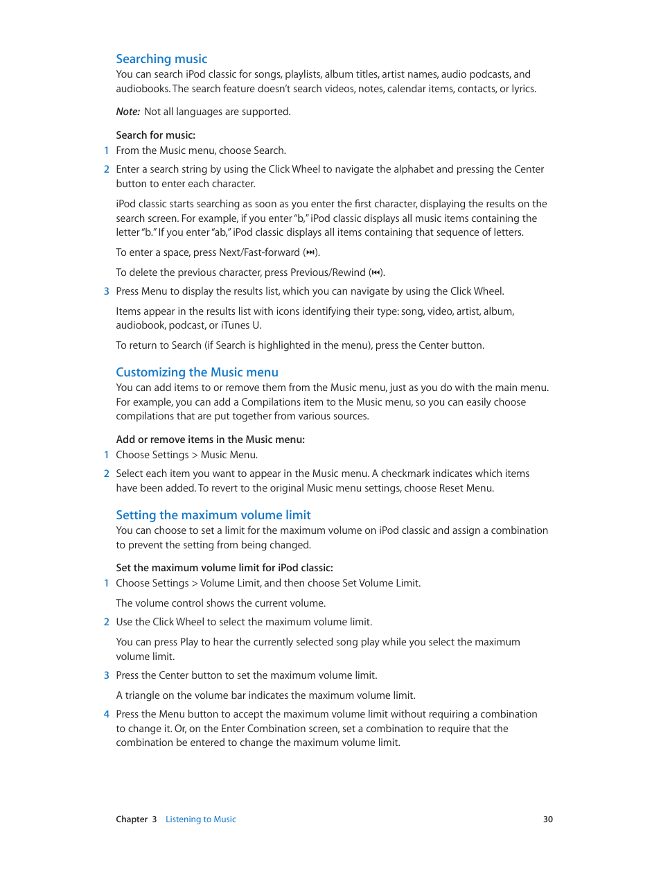 Searching music, Customizing the music menu, Setting the maximum volume limit | Apple iPod classic 160 GB User Manual | Page 30 / 58