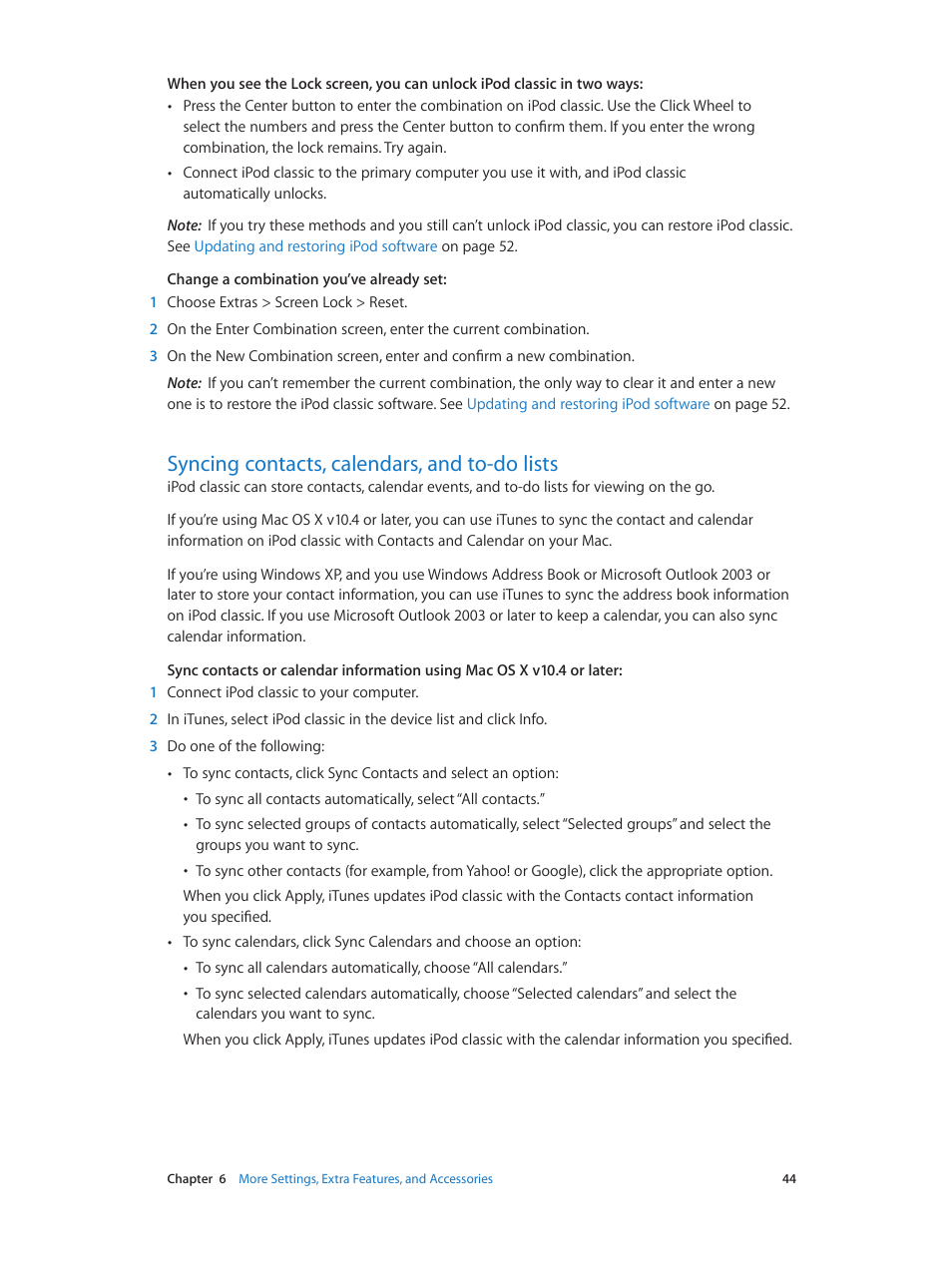 Syncing contacts, calendars, and to-do lists, 44 syncing contacts, calendars, and to-do lists | Apple iPod classic 160 GB User Manual | Page 44 / 58