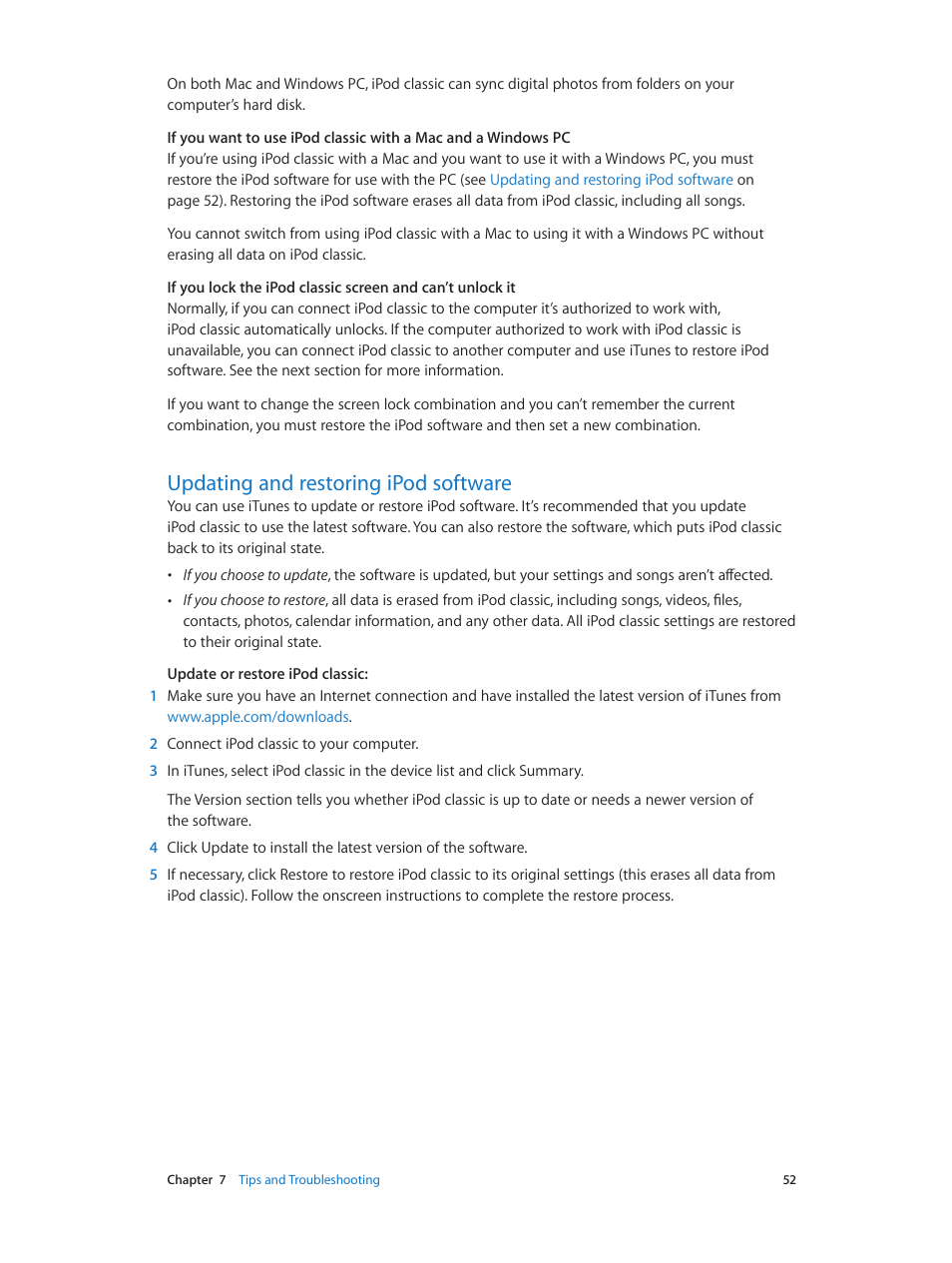 Updating and restoring ipod software, 52 updating and restoring ipod software, Updating and restoring ipod | Software | Apple iPod classic 160 GB User Manual | Page 52 / 58