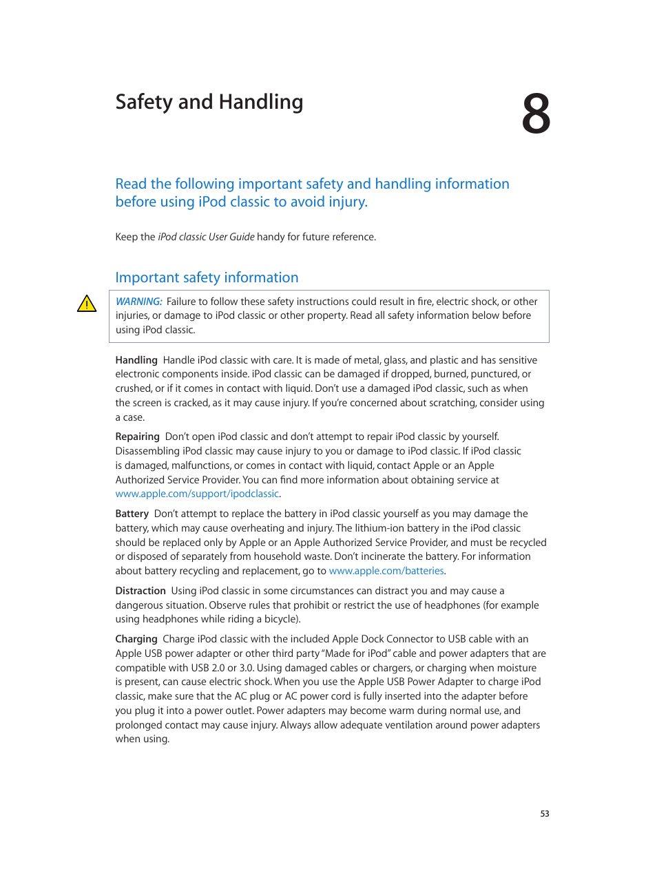 Chapter 8: safety and handling, Important safety information, 53 important safety information | Safety and handling | Apple iPod classic 160 GB User Manual | Page 53 / 58