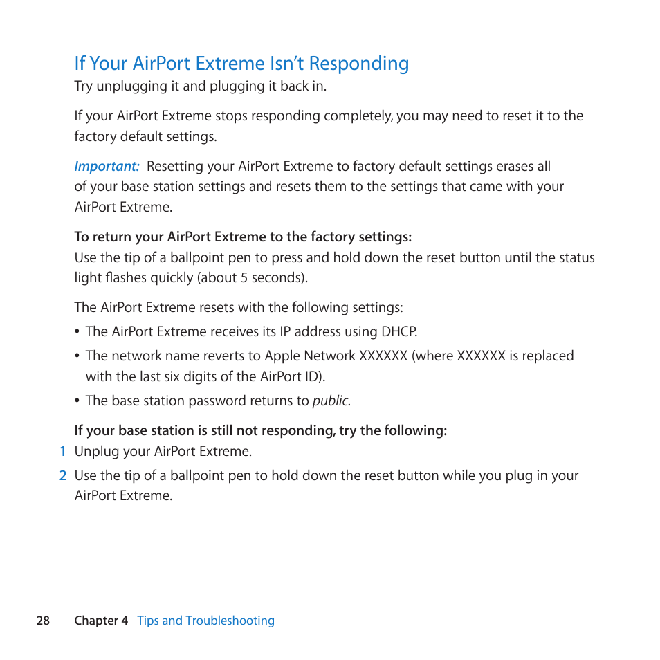 If your airport extreme isn’t responding, 28 if your airport extreme isn’t responding, If﻿your﻿airport﻿extreme﻿isn’t﻿responding | Apple AirPort Extreme 802.11n (5th Generation) User Manual | Page 28 / 44