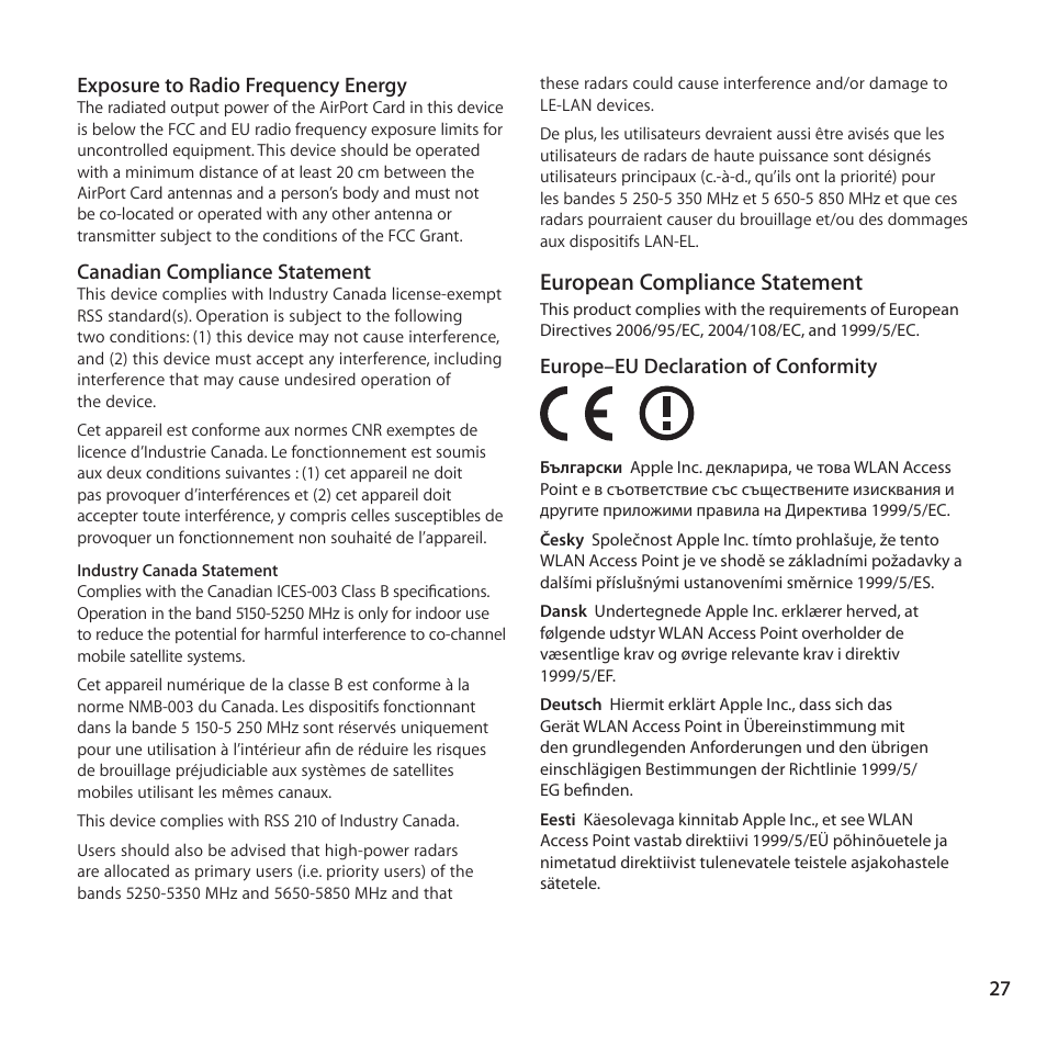 European compliance statement | Apple AirPort Time Capsule 802.11ac User Manual | Page 27 / 32