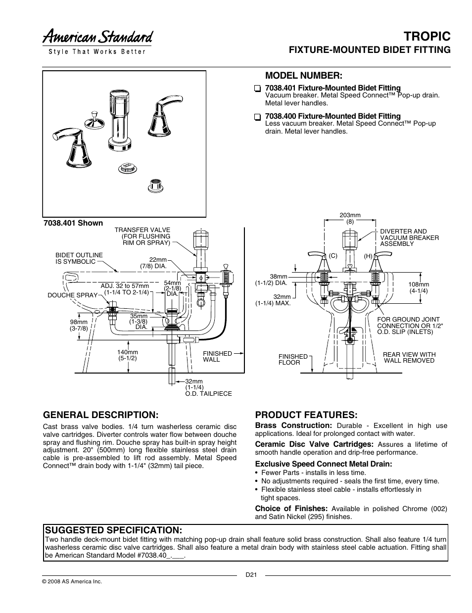 American Standard 7038.400 User Manual | 2 pages