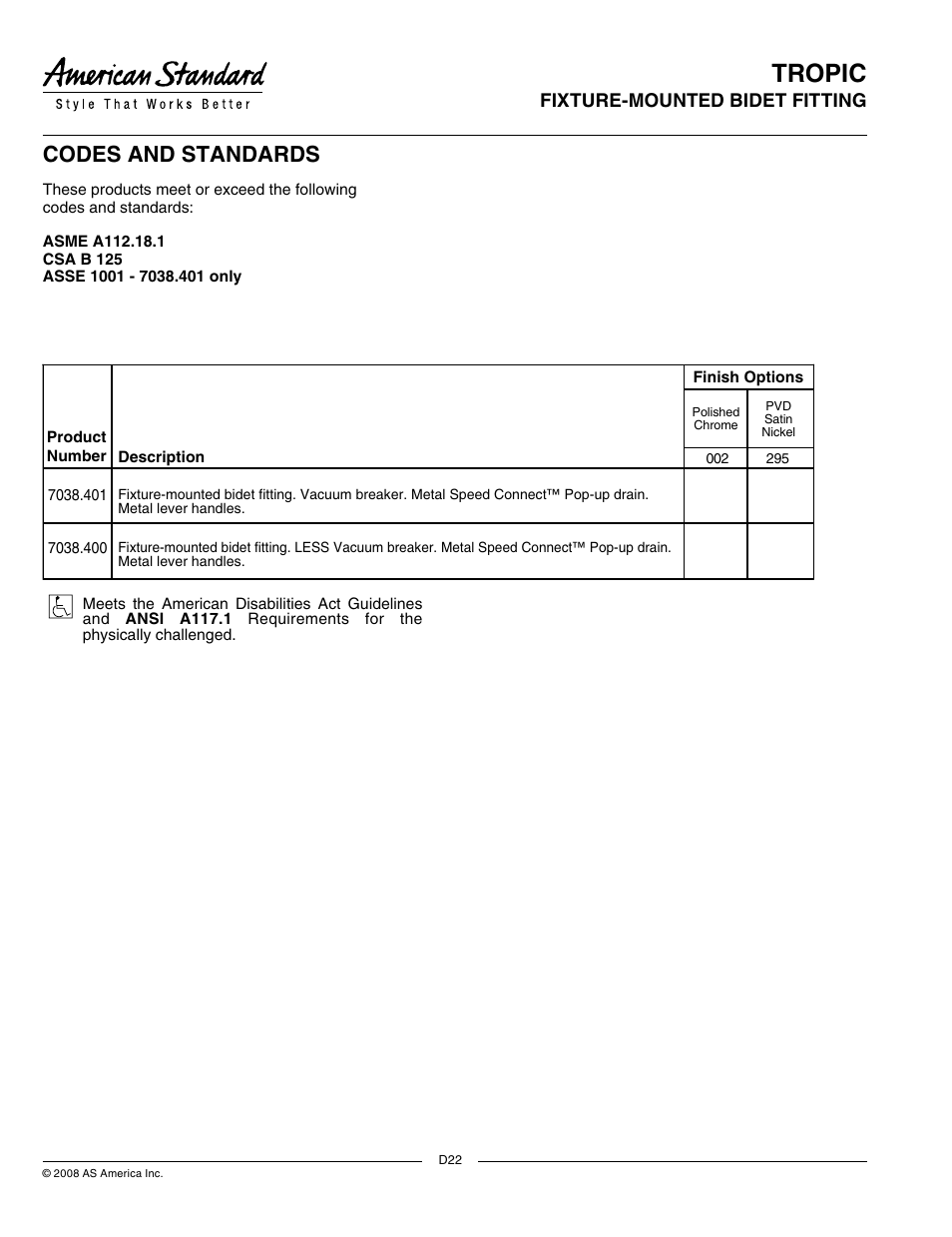 Tropic, Codes and standards, Fixture-mounted bidet fitting model number | Suggested specification, General description, Product features | American Standard 7038.400 User Manual | Page 2 / 2