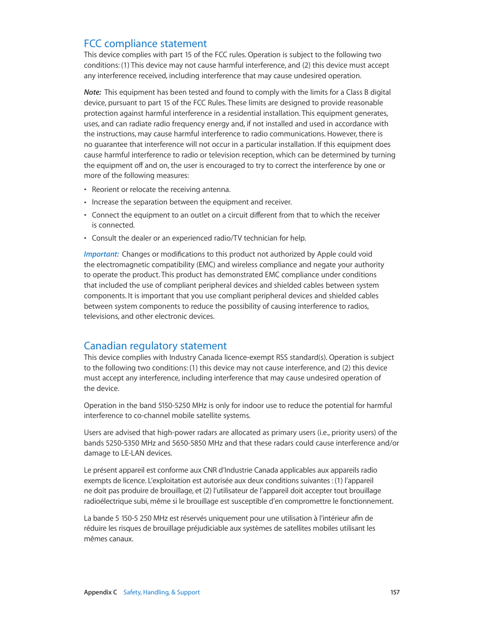 Fcc compliance statement, Canadian regulatory statement | Apple iPod touch iOS 8.1 User Manual | Page 157 / 160