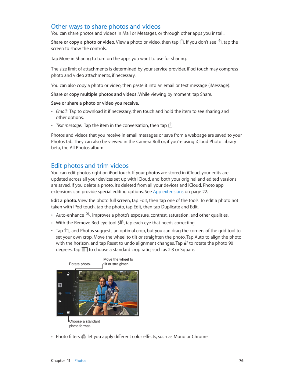 Other ways to share photos and videos, Edit photos and trim videos, S (see | Apple iPod touch iOS 8.1 User Manual | Page 76 / 160