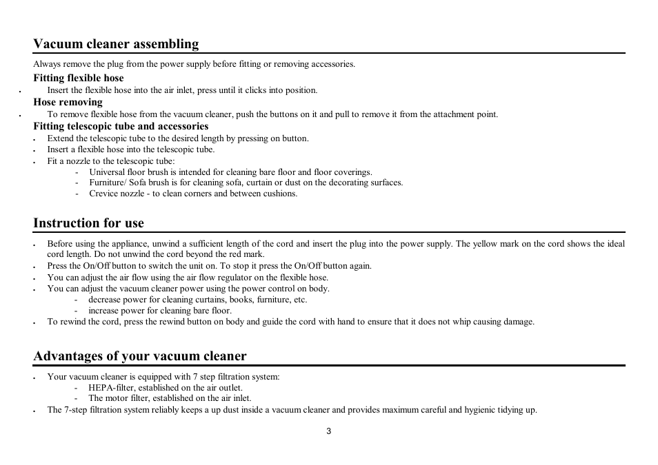 Vacuum cleaner assembling, Instruction for use, Advantages of your vacuum cleaner | Fitting flexible hose, Hose removing, Fitting telescopic tube and accessories | Hyundai H-VC1585 User Manual | Page 3 / 9