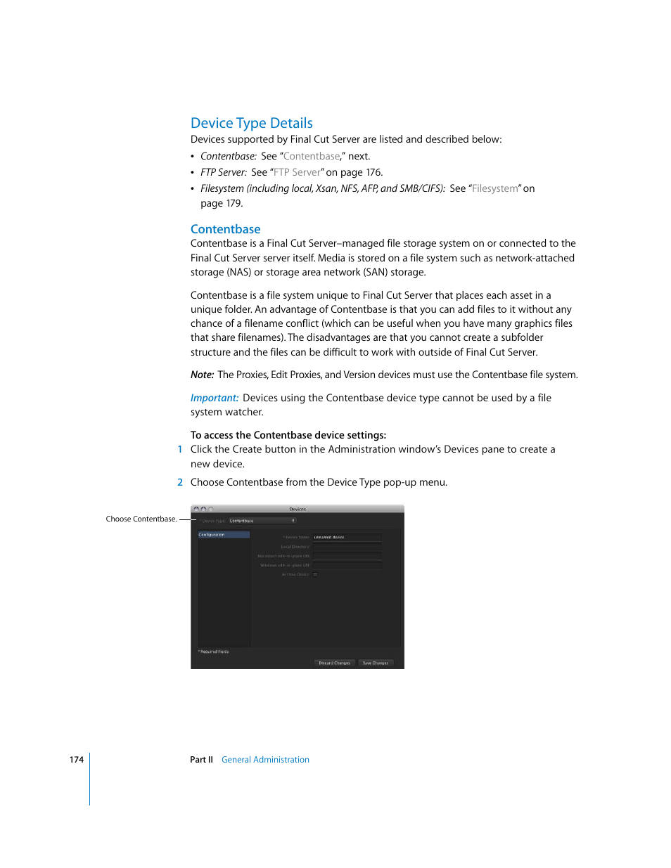 Device type details, Contentbase, P. 174) | Device, Type details | Apple Final Cut Server User Manual | Page 174 / 238