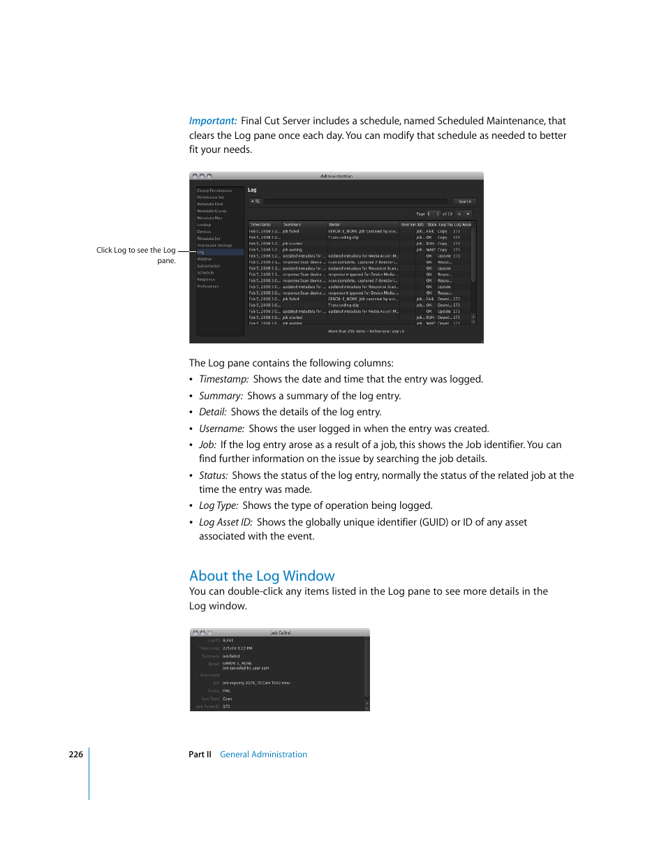 About the log window, P. 226) | Apple Final Cut Server User Manual | Page 226 / 238