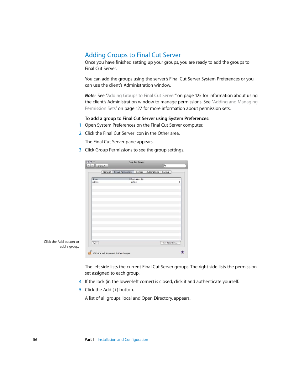 Adding groups to finalcutserver, Adding groups to final cut server, P. 56) | Apple Final Cut Server User Manual | Page 56 / 238