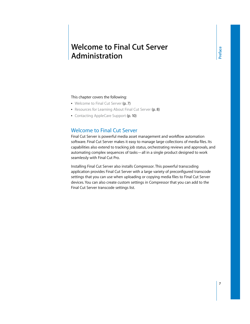 Welcome to finalcutserver administration, Welcome to finalcutserver, Preface | Welcome to final cut server administration, Welcome to final cut server | Apple Final Cut Server User Manual | Page 7 / 238