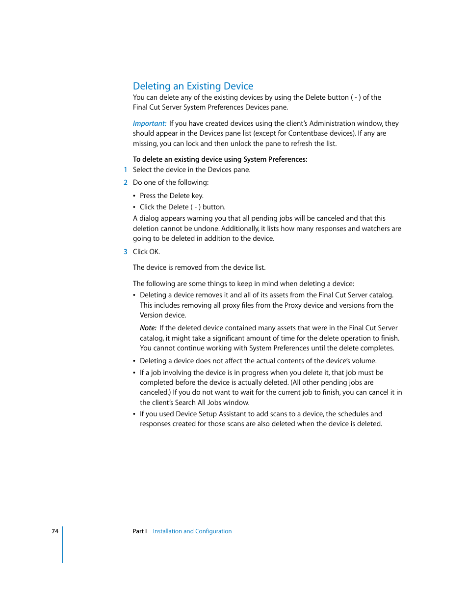 Deleting an existing device, P. 74) | Apple Final Cut Server User Manual | Page 74 / 238