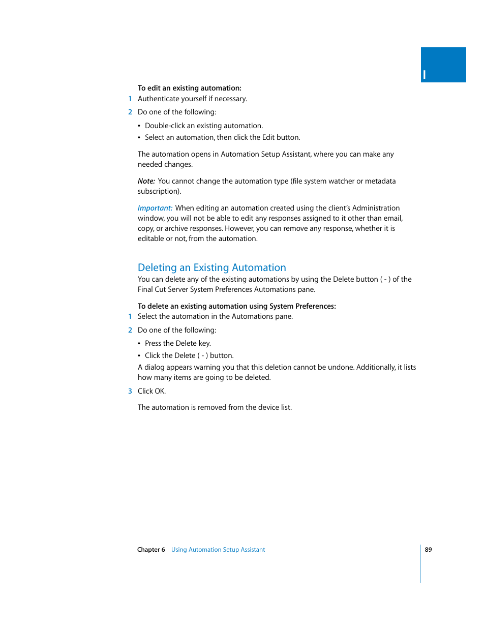 Deleting an existing automation, P. 89) | Apple Final Cut Server User Manual | Page 89 / 238