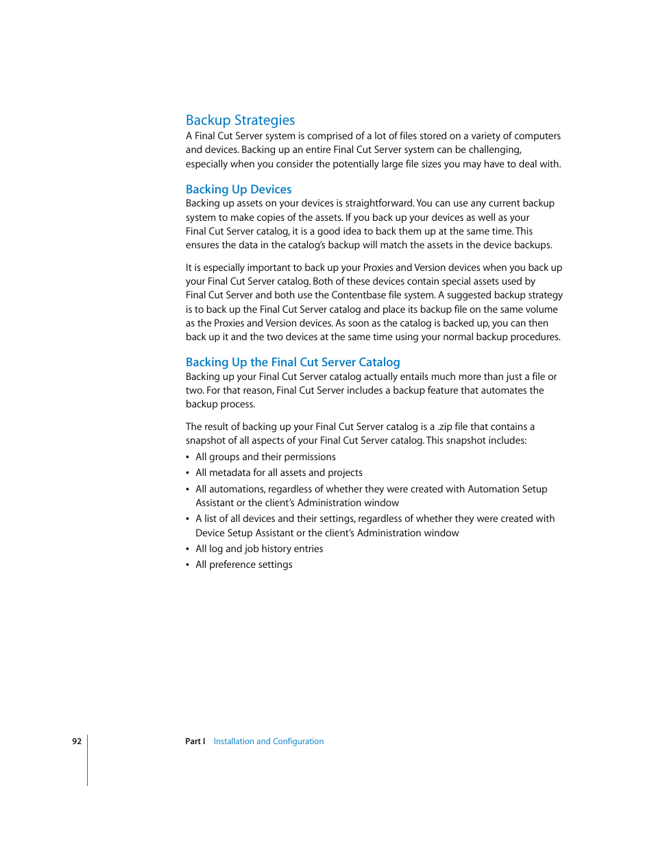 Backup strategies, Backing up devices, Backing up the finalcutserver catalog | P. 92) | Apple Final Cut Server User Manual | Page 92 / 238