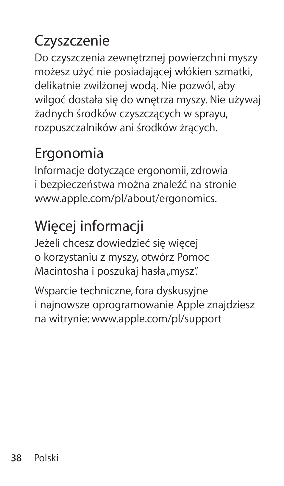 Czyszczenie, Ergonomia, Więcej informacji | Apple Magic Mouse User Manual | Page 38 / 48