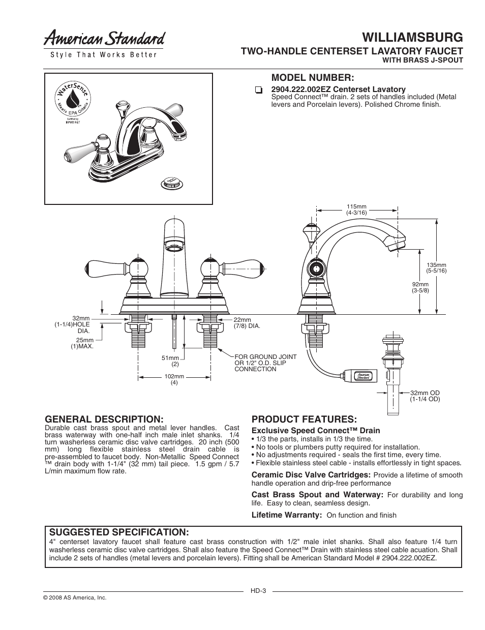American Standard Wiiliamsburg 2904.222.002EZ User Manual | 2 pages