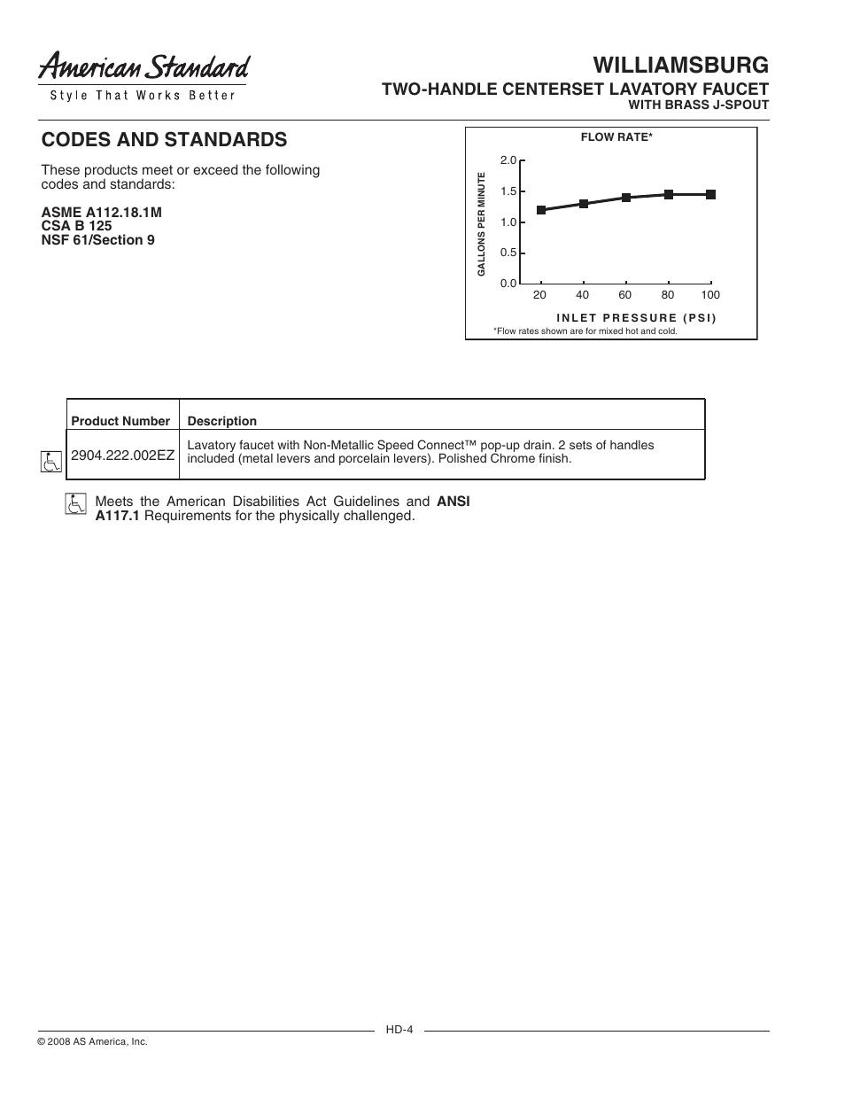 Retail spec sheets 4, Williamsburg, Codes and standards | General description, Product features, Model number, Suggested specification, Two-handle centerset lavatory faucet | American Standard Wiiliamsburg 2904.222.002EZ User Manual | Page 2 / 2