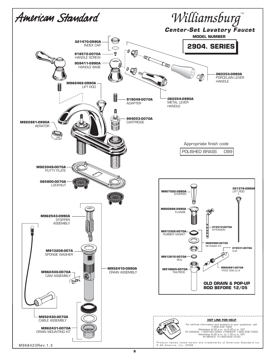 2904. series, Center -set lavatory faucet | American Standard Williamsburg 2904. SERIES User Manual | Page 2 / 2