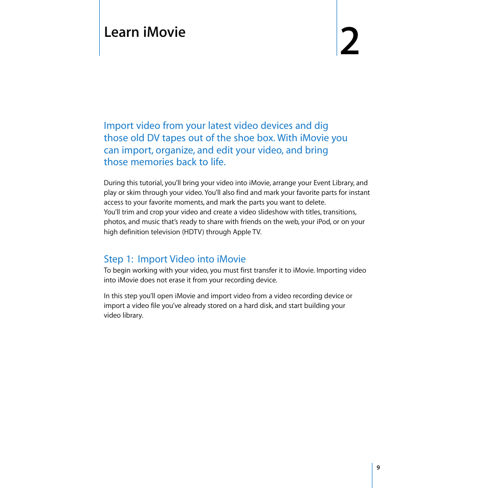 Learn imovie, Step 1:import video into imovie, Chapter 2 | Apple iMovie '08 User Manual | Page 9 / 50