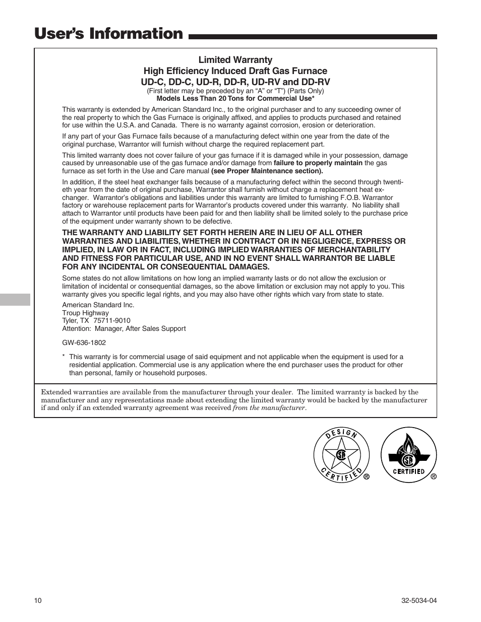 Commercial use, User’s information | American Standard Gas Furnaces User Manual | Page 10 / 12