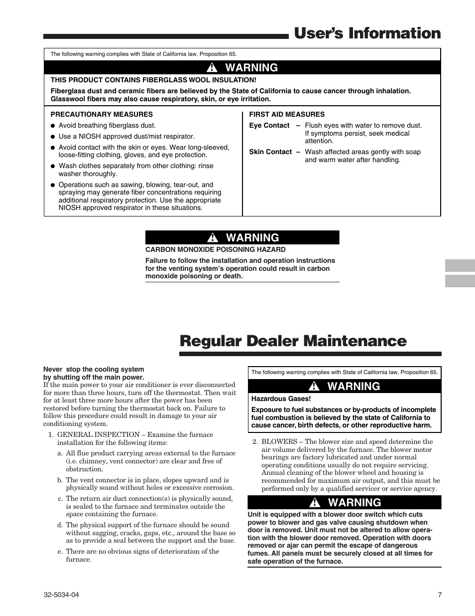 Regular dealer maintenance, User’s information, Warning | American Standard Gas Furnaces User Manual | Page 7 / 12