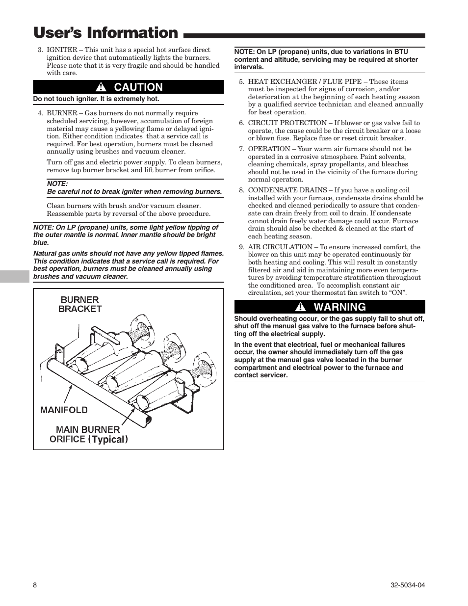 User’s information, Caution, Warning | American Standard Gas Furnaces User Manual | Page 8 / 12