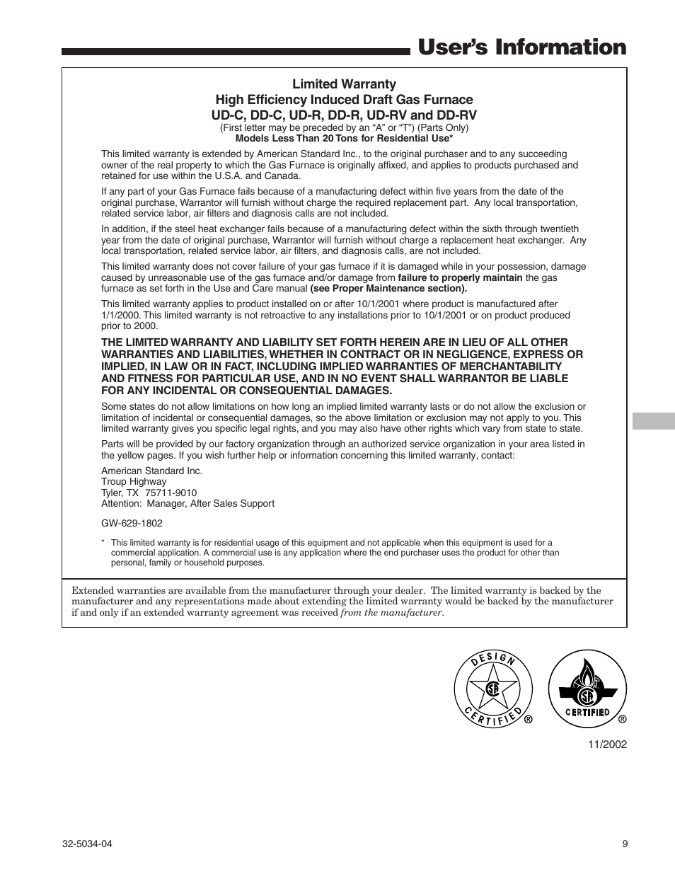 Warranty, Residential use, User’s information | American Standard Gas Furnaces User Manual | Page 9 / 12