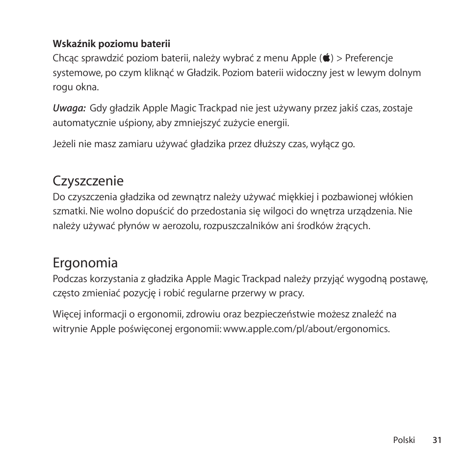 Czyszczenie, Ergonomia | Apple Magic Trackpad User Manual | Page 31 / 40