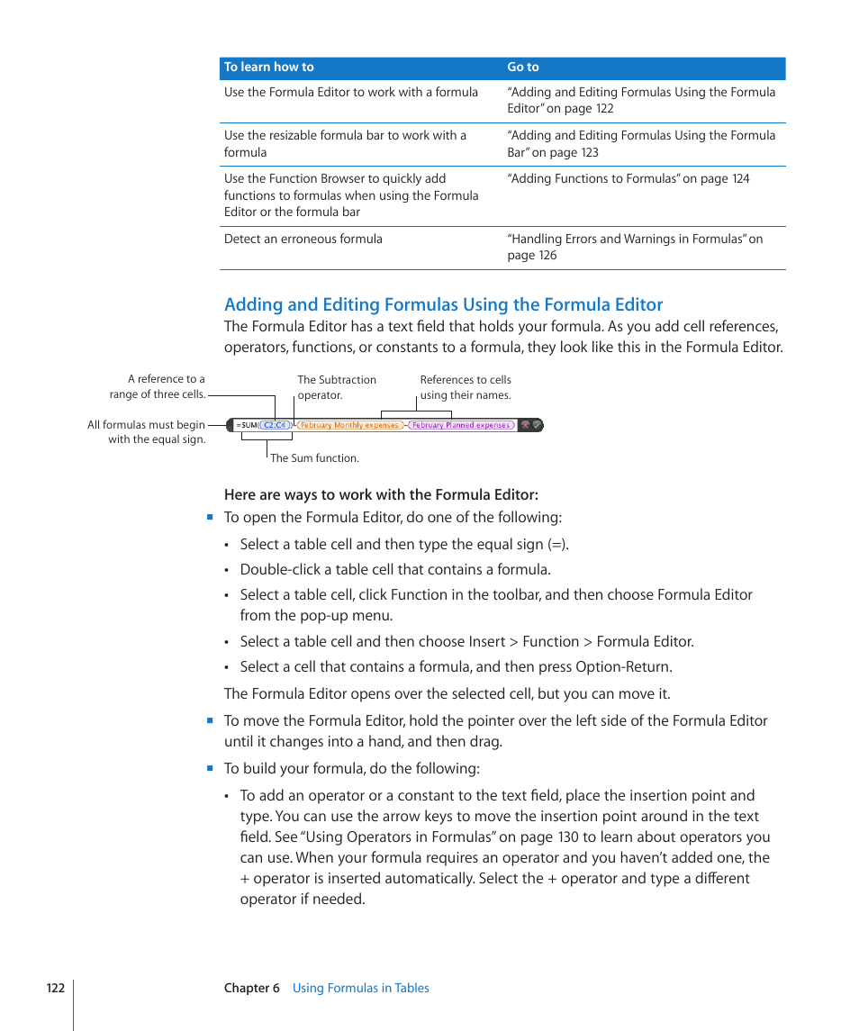 Adding and, Editing formulas using the formula editor | Apple Numbers '09 User Manual | Page 122 / 254
