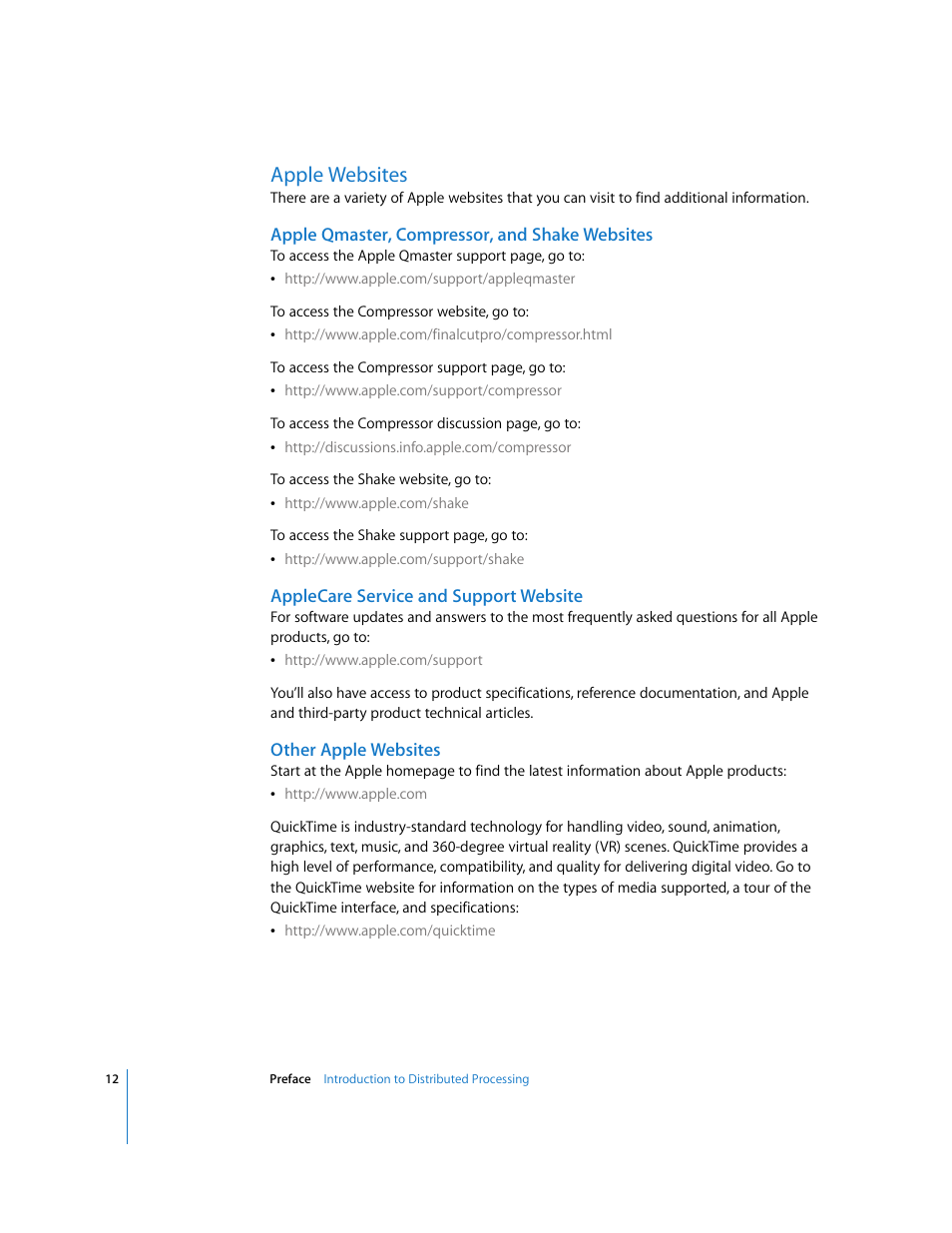 Apple websites, Compressor and shake websites, Applecare service and support website | Other apple websites | Apple Qmaster 2  and Compressor 2 (Distributed Processing Setup) User Manual | Page 12 / 74