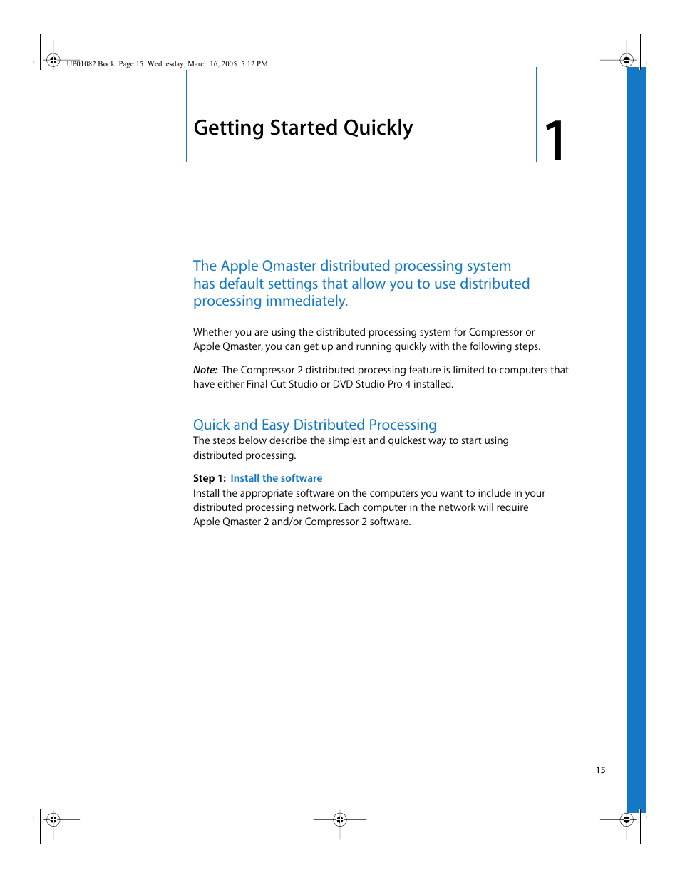 Getting started quickly, Quick and easy distributed processing, Chapter 1 | Apple Qmaster 2  and Compressor 2 (Distributed Processing Setup) User Manual | Page 15 / 74