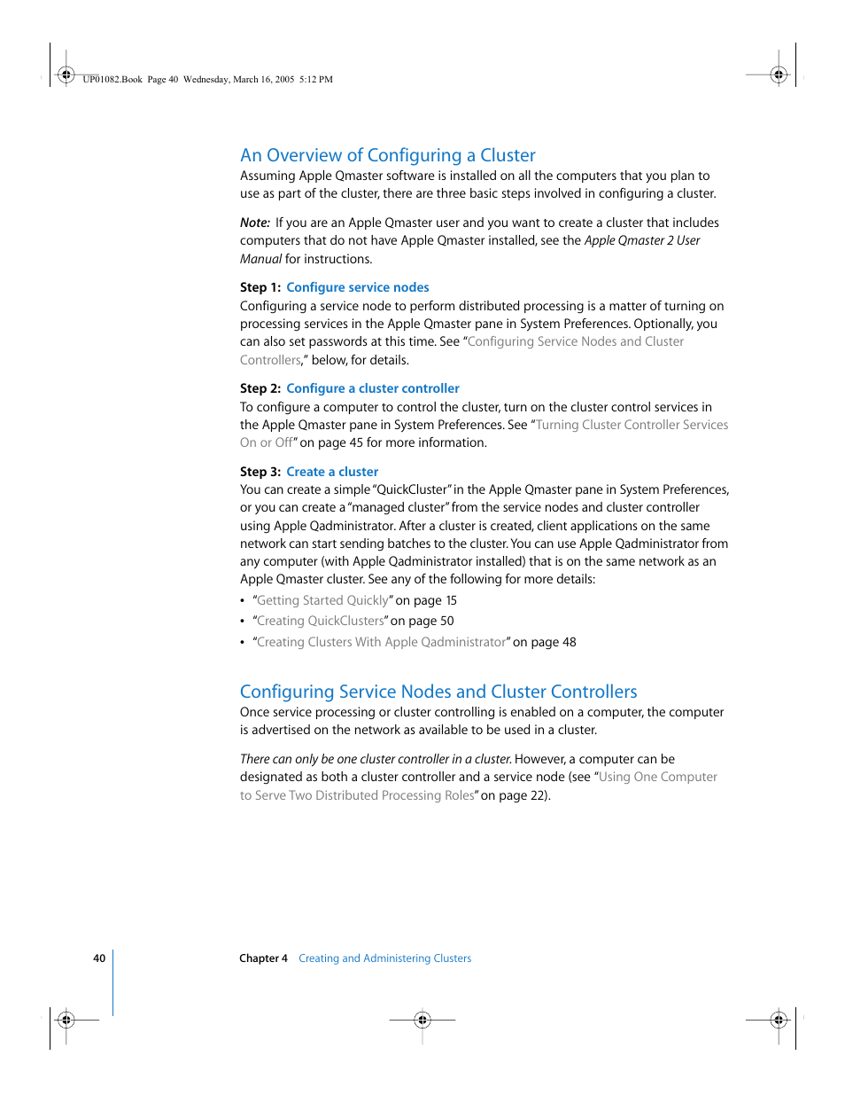 An overview of configuring a cluster, Configuring service nodes and cluster controllers, P. 40) | Apple Qmaster 2  and Compressor 2 (Distributed Processing Setup) User Manual | Page 40 / 74