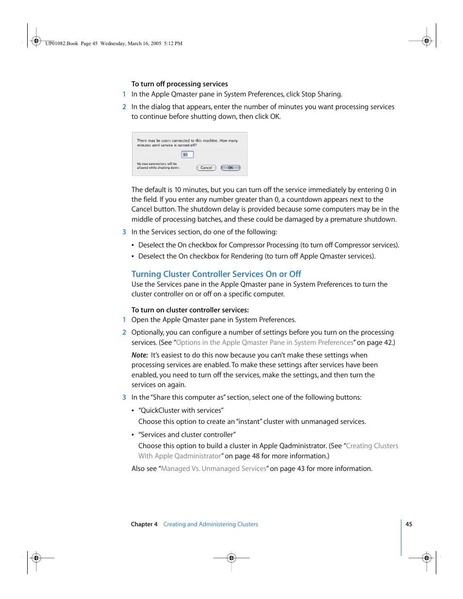 Turning cluster controller services on or off, Turning cluster controller services, On or off | Turning, Cluster controller services on or off | Apple Qmaster 2  and Compressor 2 (Distributed Processing Setup) User Manual | Page 45 / 74