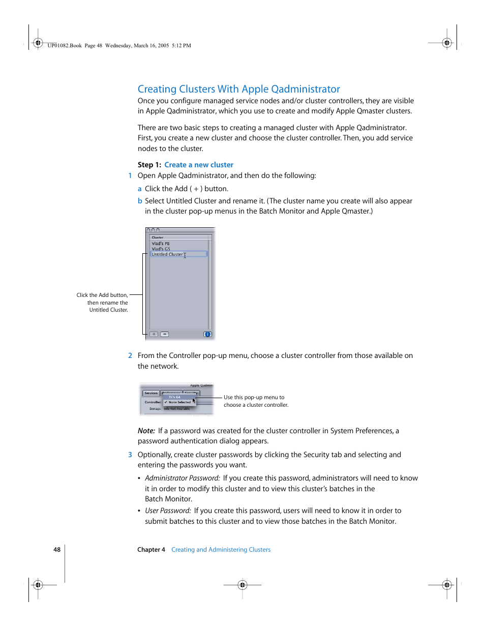 Creating clusters with apple qadministrator, P. 48), Creating clusters with | Apple qadministrator, Creating clusters, With apple qadministrator | Apple Qmaster 2  and Compressor 2 (Distributed Processing Setup) User Manual | Page 48 / 74