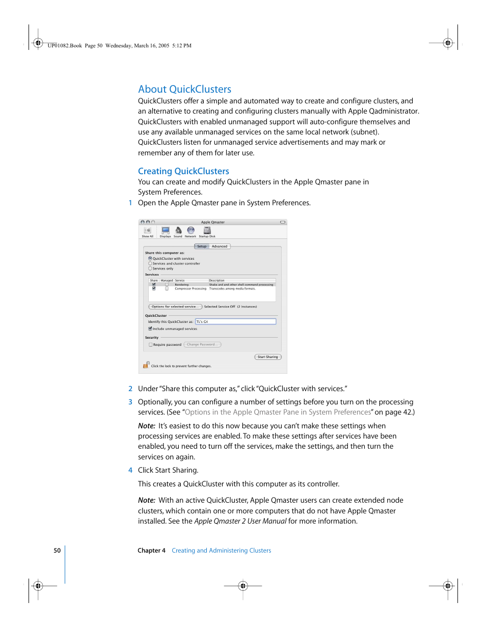 About quickclusters, Creating quickclusters, T) and | P. 50) | Apple Qmaster 2  and Compressor 2 (Distributed Processing Setup) User Manual | Page 50 / 74