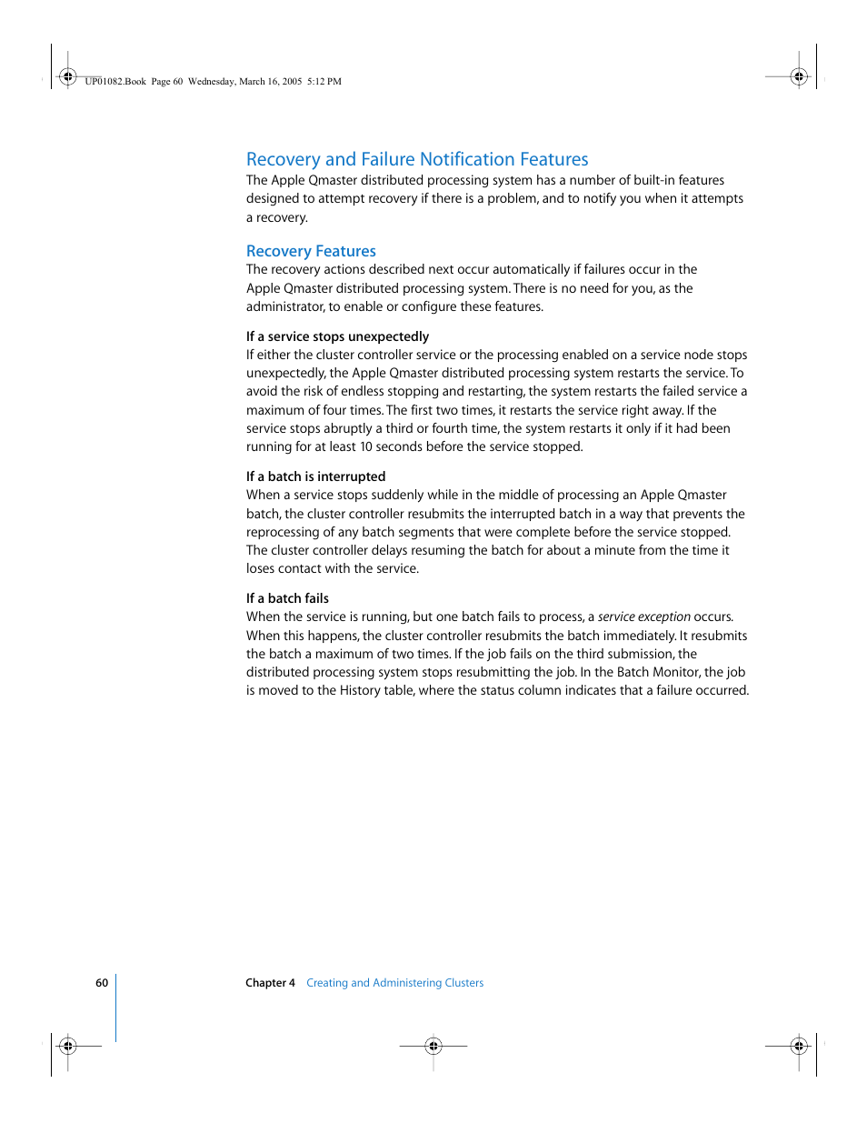 Recovery and failure notification features, Recovery features, P. 60) | Recovery and failure notification, Features | Apple Qmaster 2  and Compressor 2 (Distributed Processing Setup) User Manual | Page 60 / 74