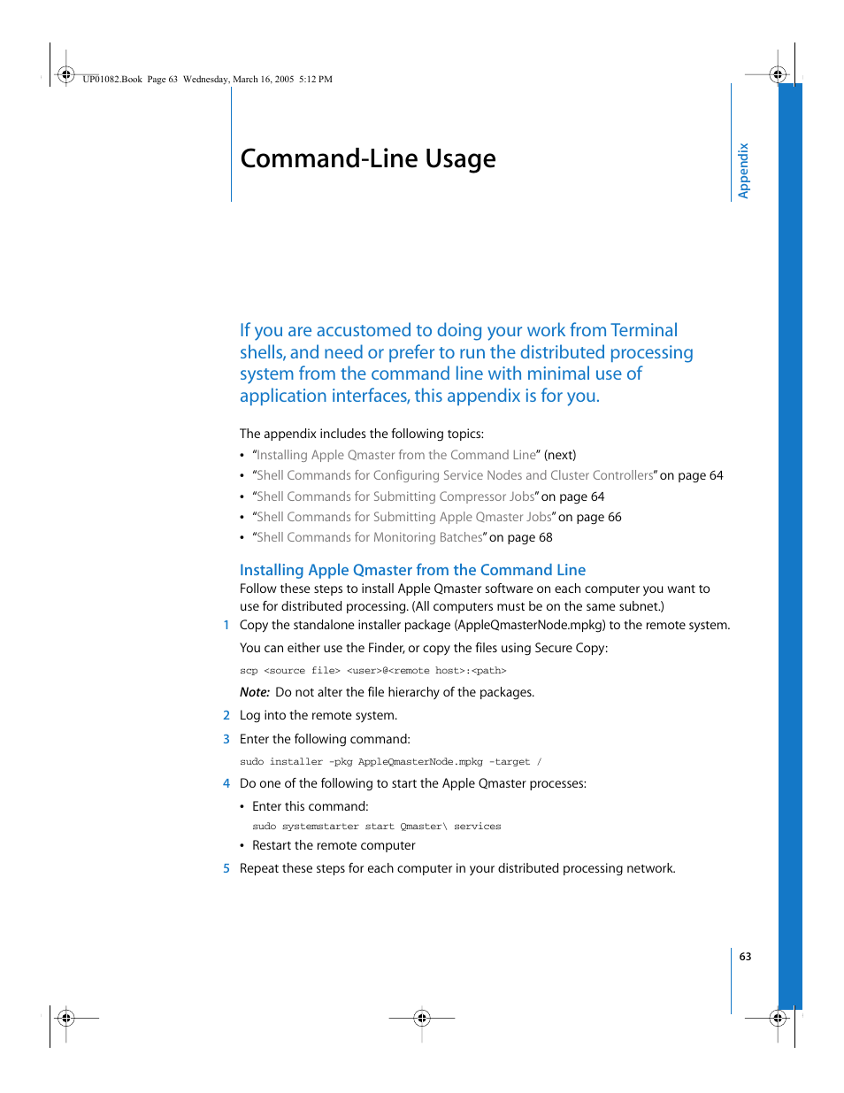 Command-line usage, Installing apple qmaster from the command line, Appendix | Installing, Apple qmaster from the command line | Apple Qmaster 2  and Compressor 2 (Distributed Processing Setup) User Manual | Page 63 / 74