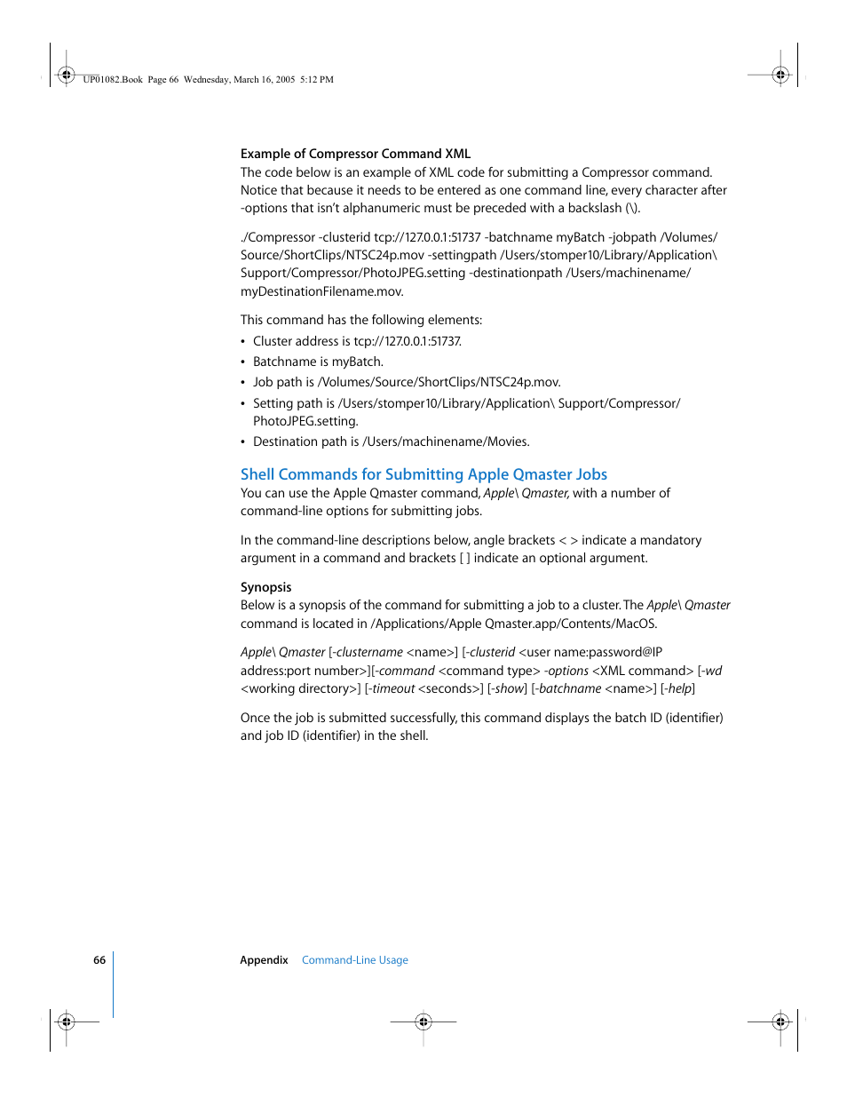 Shell commands for submitting apple qmaster jobs | Apple Qmaster 2  and Compressor 2 (Distributed Processing Setup) User Manual | Page 66 / 74