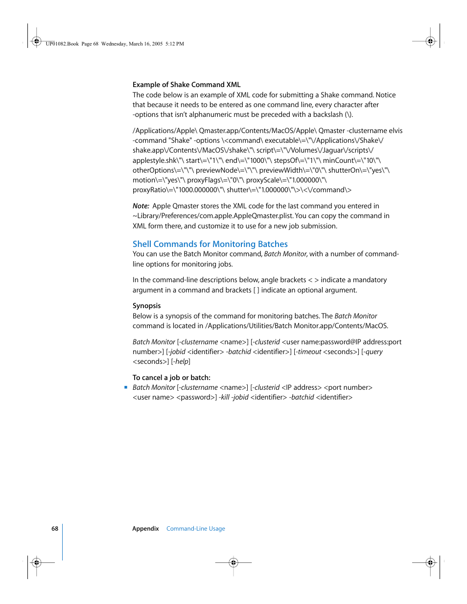Shell commands for monitoring batches | Apple Qmaster 2  and Compressor 2 (Distributed Processing Setup) User Manual | Page 68 / 74