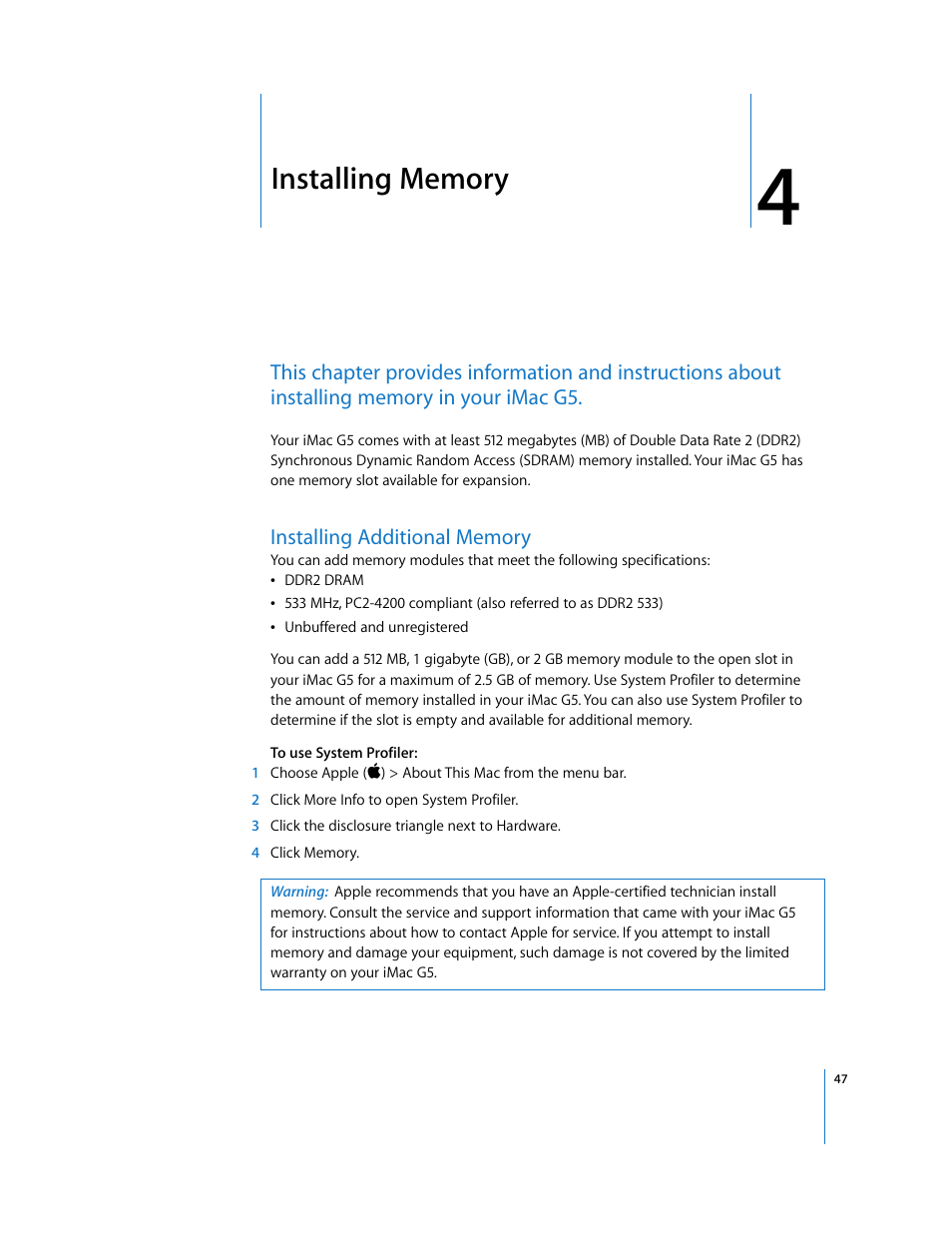 Installing memory, Installing additional memory, Chapter 4 | Apple iMac G5 (iSight) User Manual | Page 47 / 96