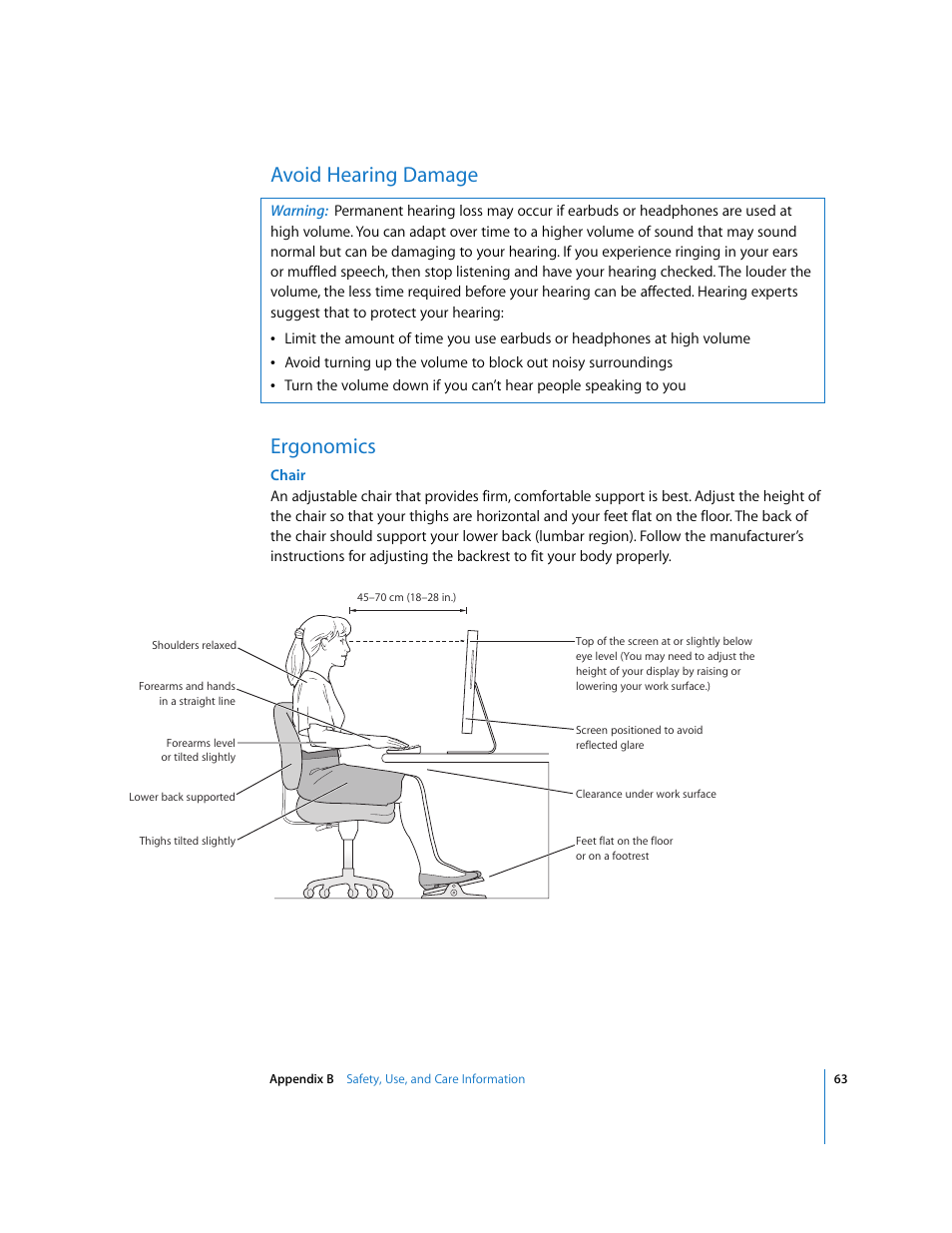 Avoid hearing damage, Ergonomics, Avoid hearing damage ergonomics | Apple iMac G5 (iSight) User Manual | Page 63 / 96