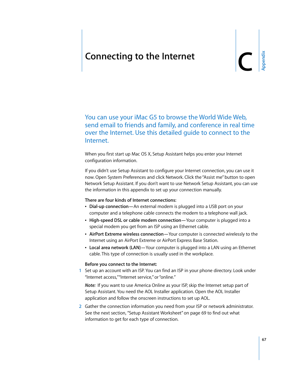 Connecting to the internet, Appendix c | Apple iMac G5 (iSight) User Manual | Page 67 / 96