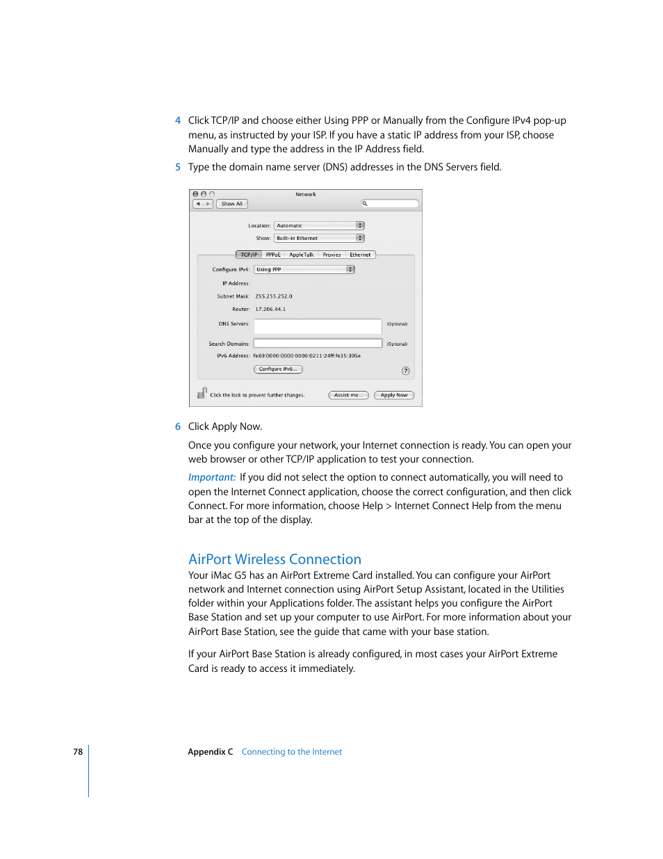 Airport wireless connection | Apple iMac G5 (iSight) User Manual | Page 78 / 96