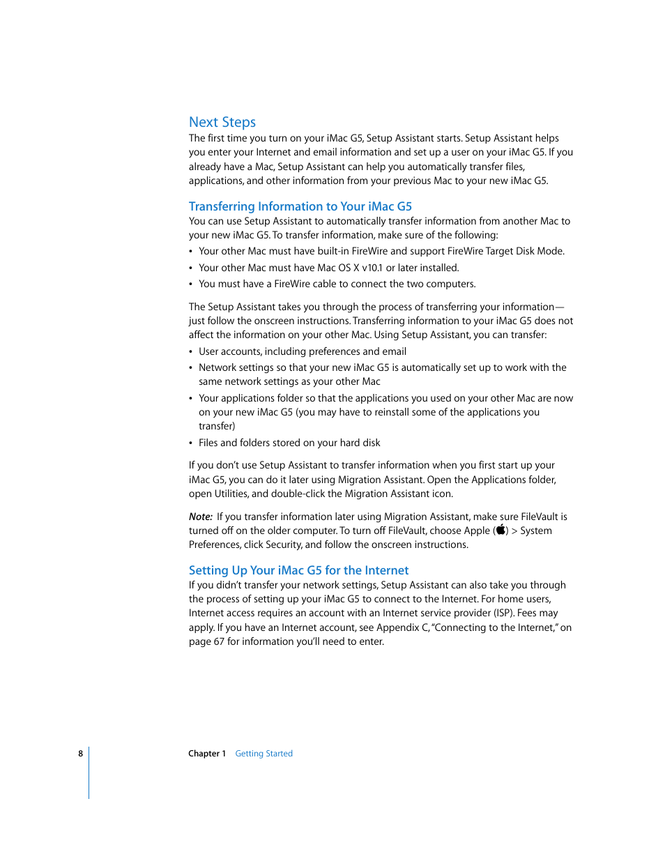 Next steps, Transferring information to your imacg5, Setting up your imacg5 for the internet | Apple iMac G5 (iSight) User Manual | Page 8 / 96