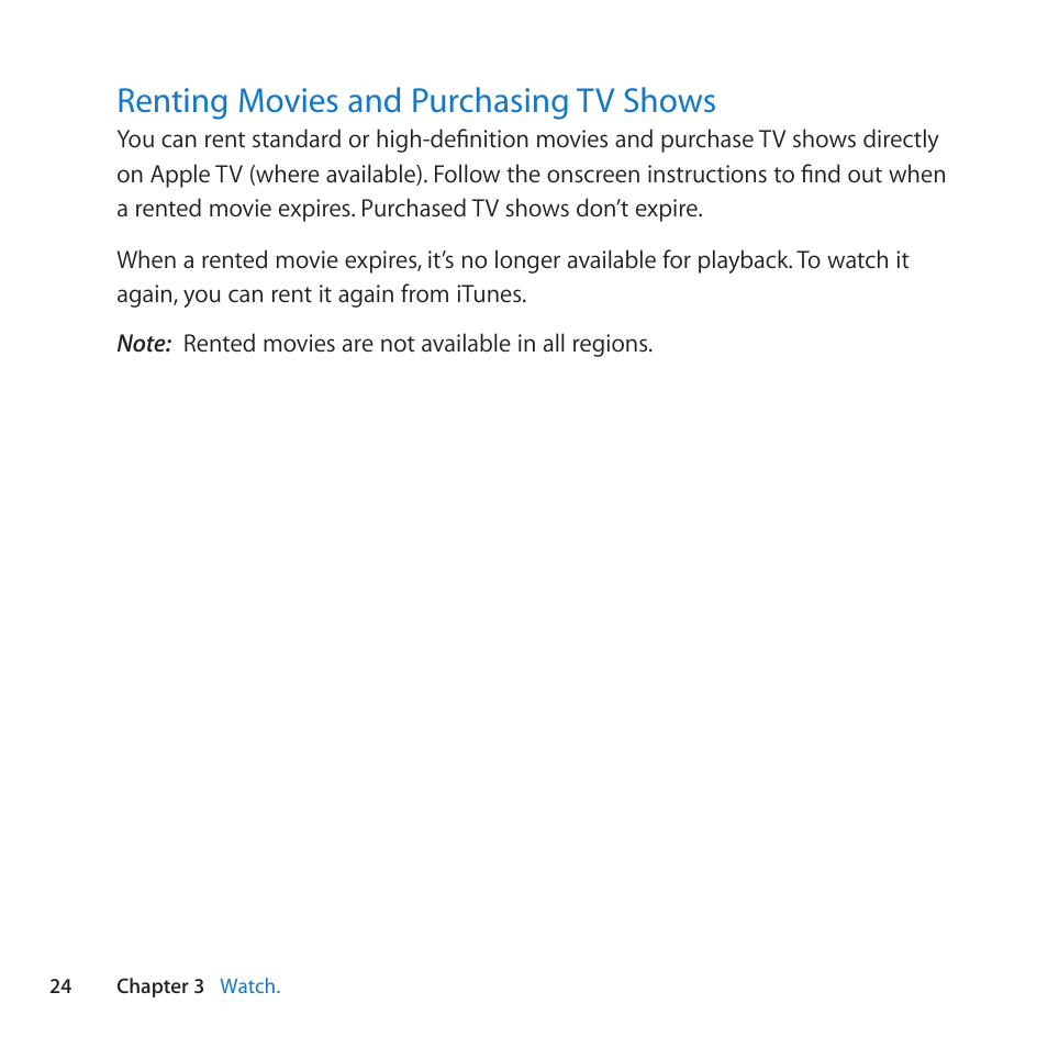 Renting movies and purchasing tv shows, 24 renting movies and purchasing tv shows | Apple TV (2nd generation) User Manual | Page 24 / 36
