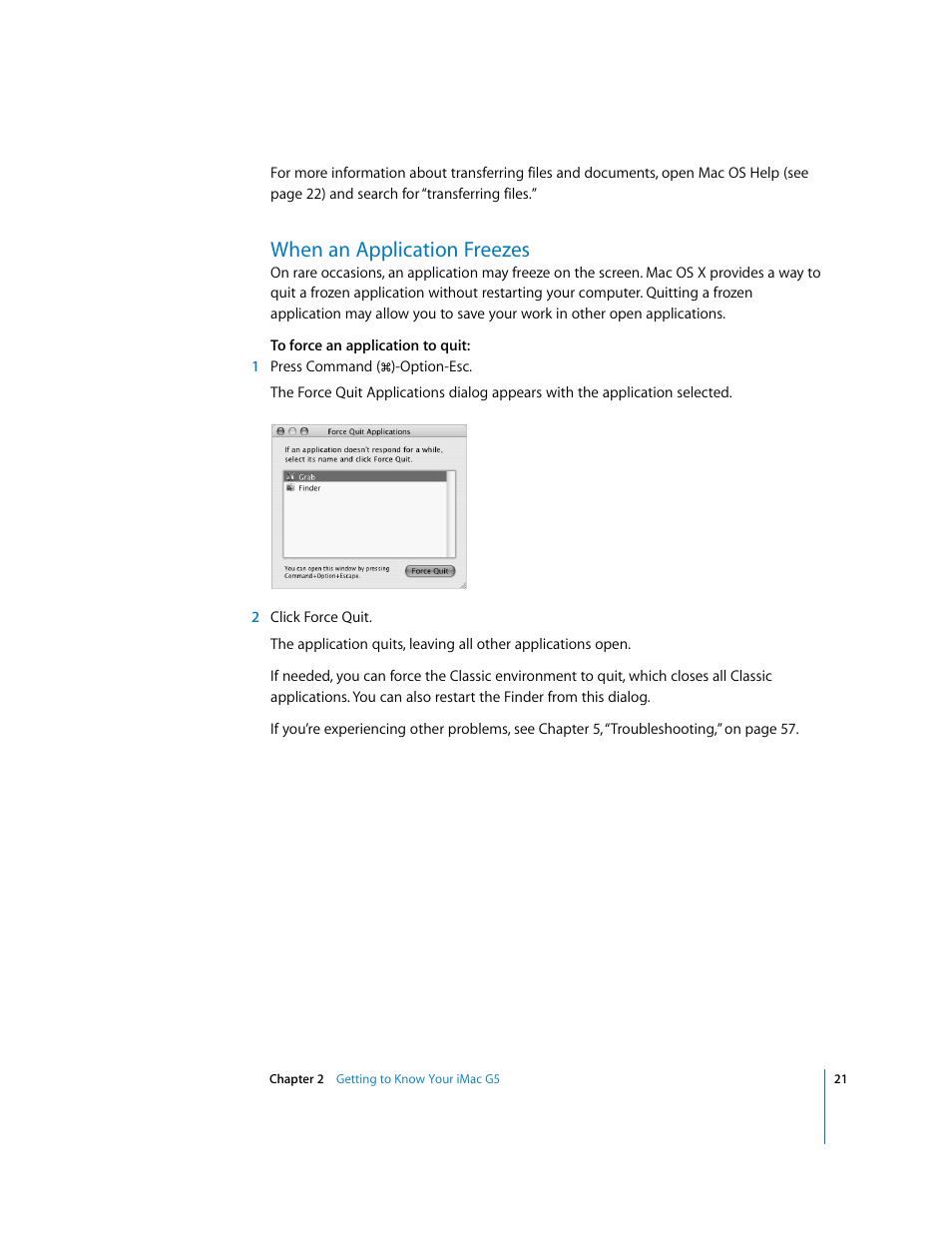 When an application freezes | Apple iMac G5 User Manual | Page 21 / 96