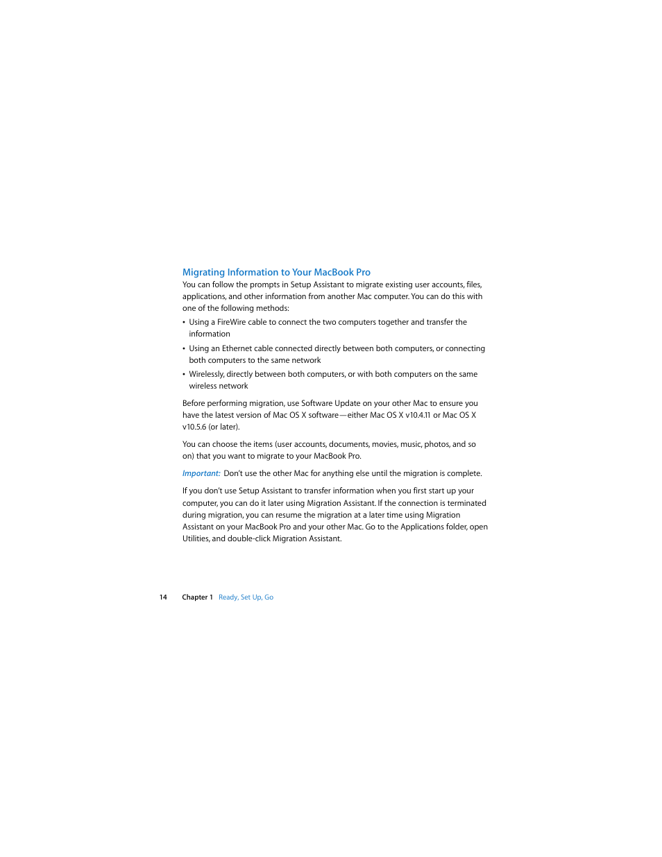 Migrating information to your macbookpro | Apple MacBook Pro (15-inch, 2.53 GHz, Mid 2009) User Manual | Page 14 / 88